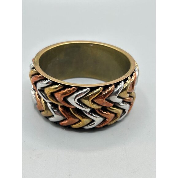 Mixed Metal Brass Copper Silver Tone Chevron Design Chunky Wide Bangle Bracelet - Picture 4 of 11